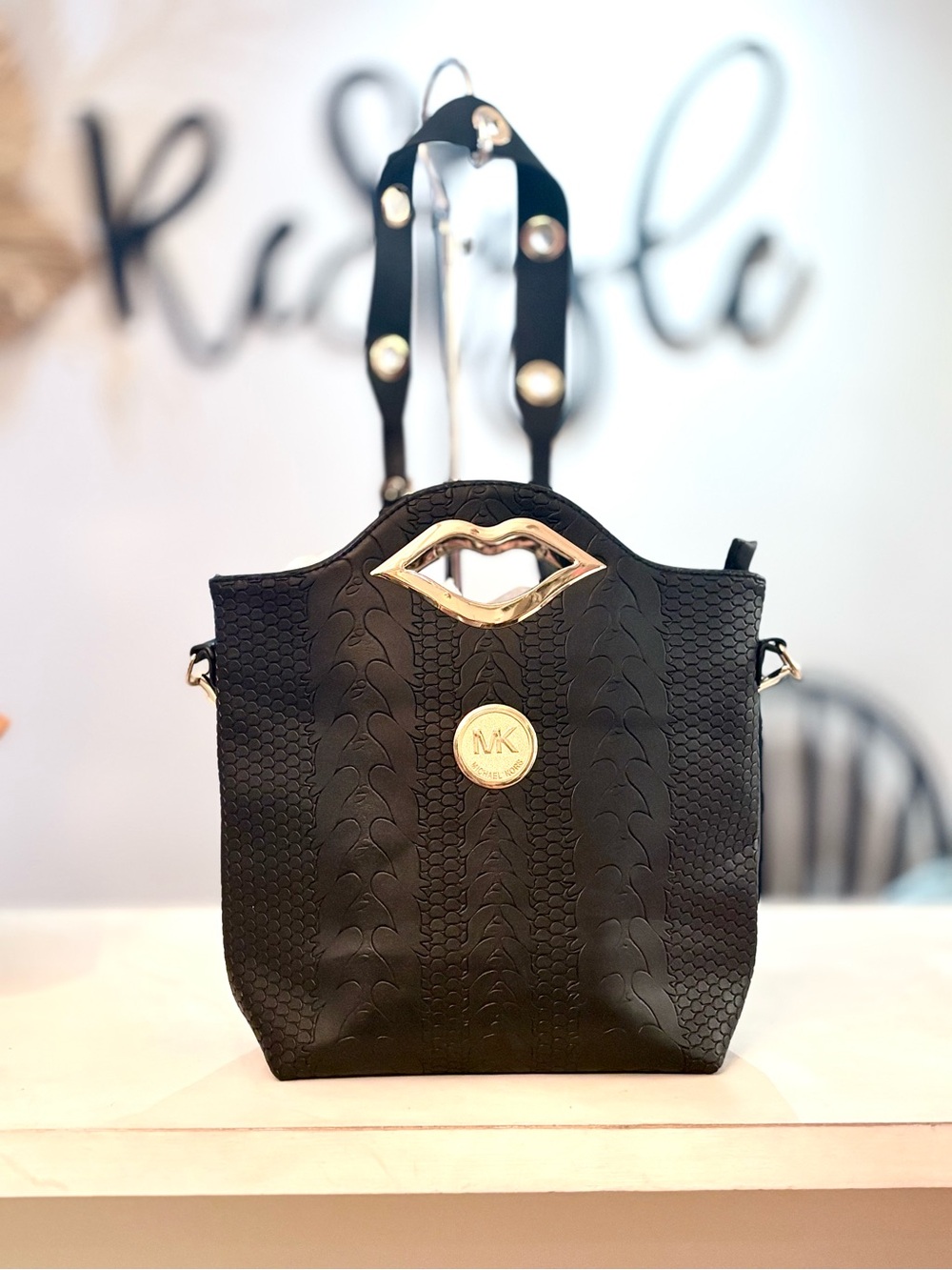 Michael Kors Black Embossed Shoulder Bag with Gold Lip Accent